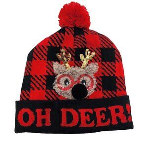 Holiday Time Ladies Oh Deer! Beanie Hat Women's Size One Size Black and Red